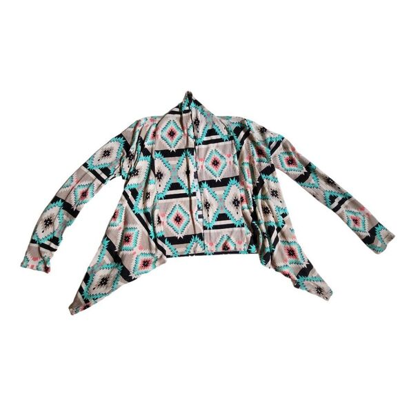 Living Doll grey white black multi color Aztec print open front cardigan sz S - Picture 1 of 11